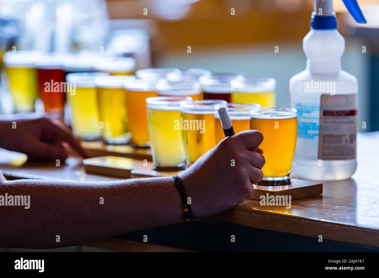man hand holding a pen next flight of Craft four of different Beers glasses on Wooden Trays and chemical bottle close up, beer tasting room background Stock Photo