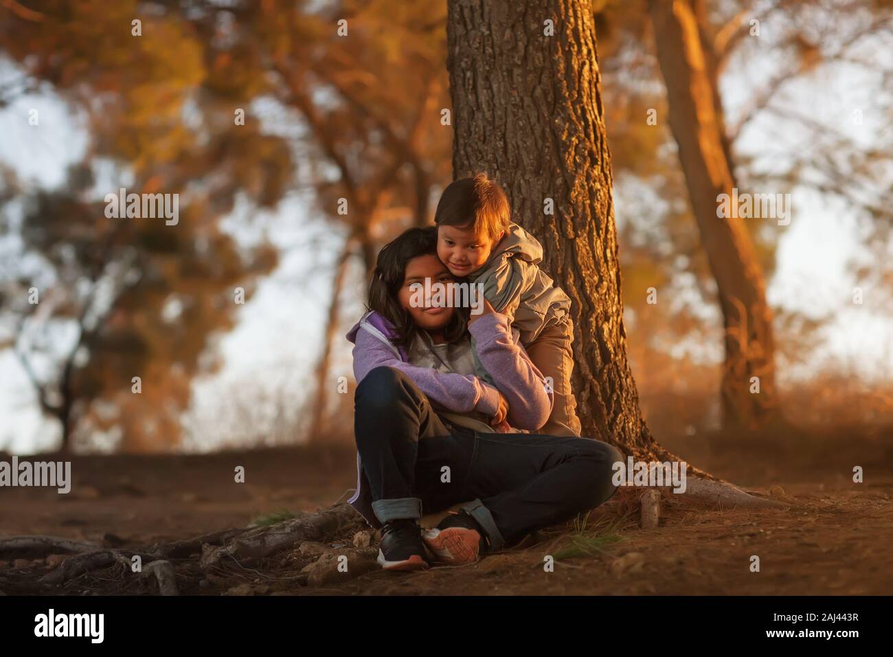 A big sister and young brother sitting near a tree on a hill and hugging each other while enjoying a sunset. Stock Photo