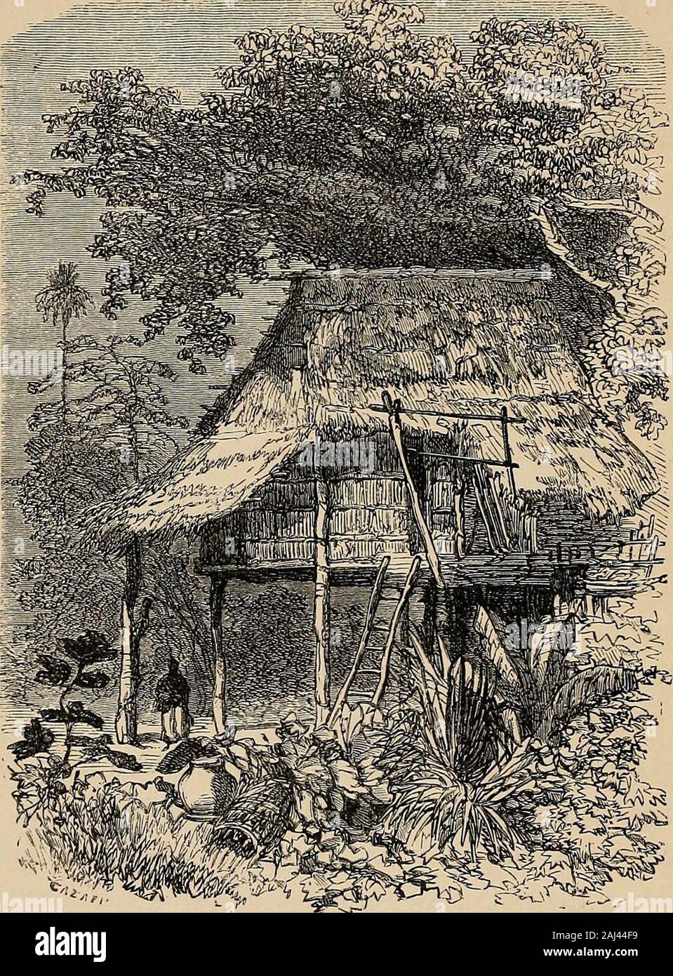 Travels in the central parts of Indo-China (Siam), Cambodia, and Laos : during the years 1858, 1859, and 1860 . of Birmah.Mount Khoc is distant a kilometre from the left bank ofthe river, and stretches out in the form of a semicircle,afterwards joining the mountains which run eastward to-wards Korat, and MLom, and Thibet. Facing MountKhoc, other mountains rise abruptly from the right bank,and then extend in an easterly direction. As soon as my dwelling was finished, which was neithera long nor a costly job, we slung up three hammocks, andthen betook ourselves to prepare a place for insect-catc Stock Photo