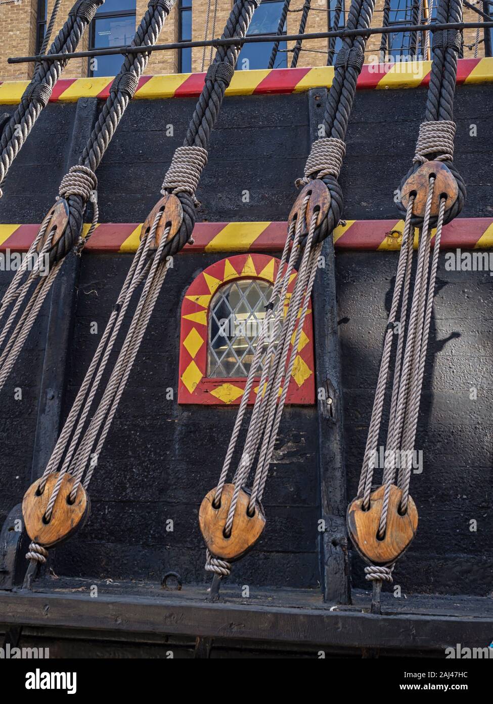 LONDON, UK - SEPTEMBER 29, 2019:  Rigging Ropes on the replica of the Golden Hinde ship Stock Photo