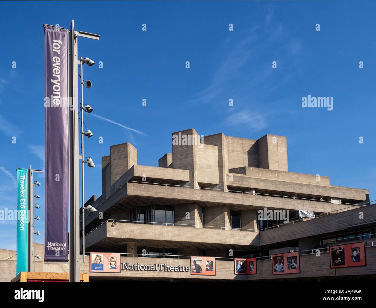 LONDON, UK - SEPTEMBER 29, 2018:  Exterior view of the National Theatre with signs Stock Photo