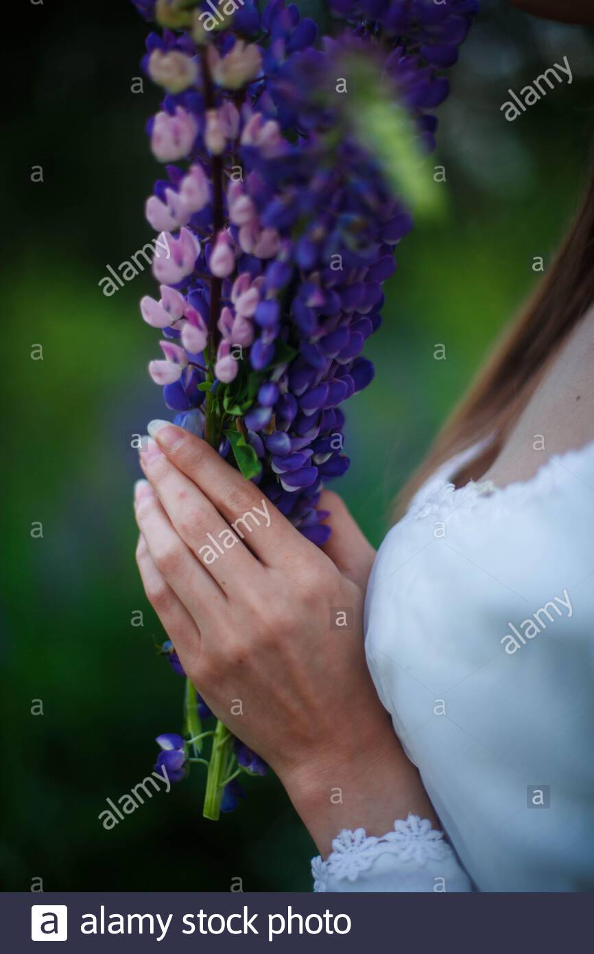 Woman In White Wedding Dress Holding Purple Flowers Stock Photo