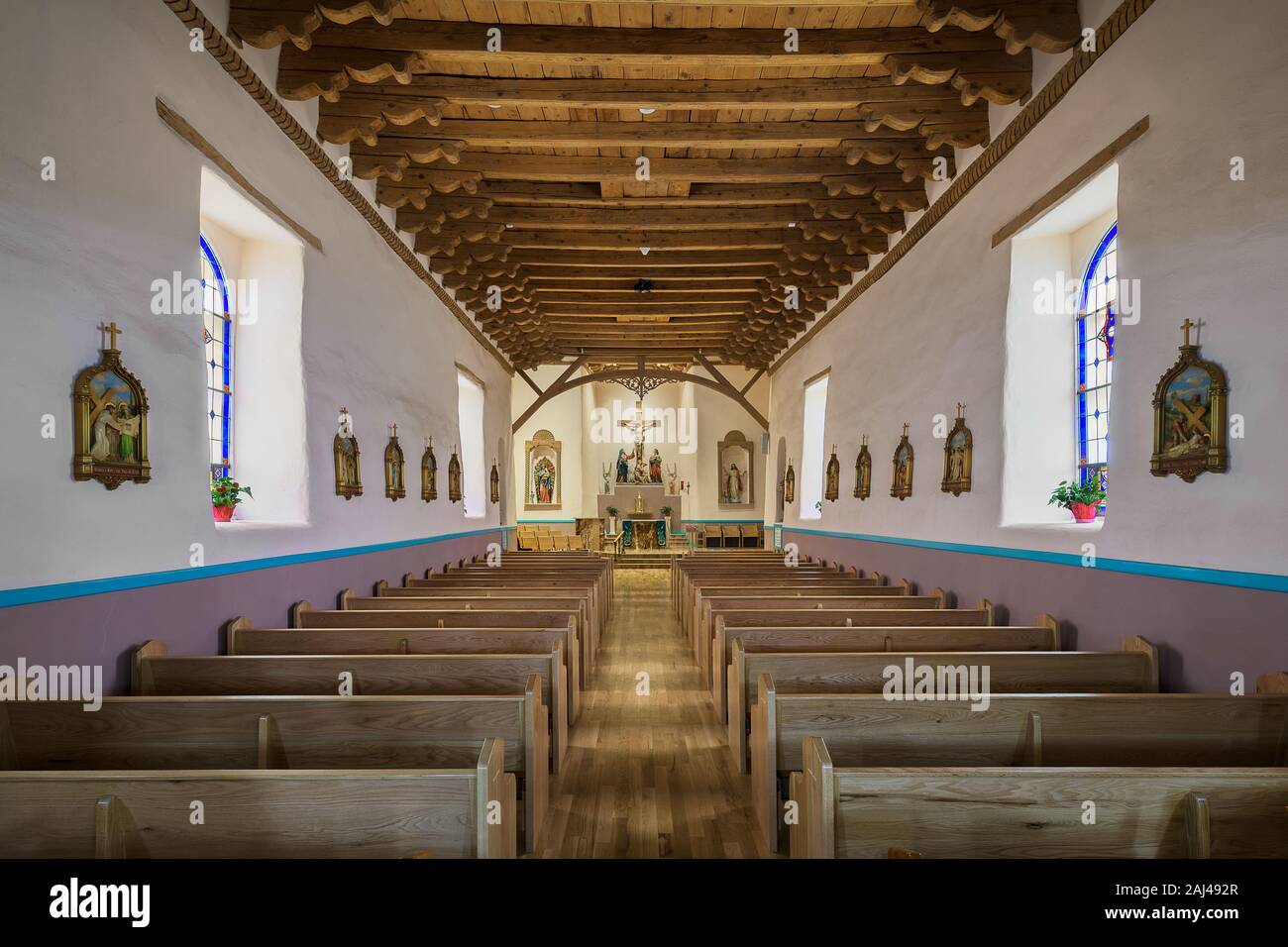 Nave of the historic San Miguel Church on El Camino Real in Socorro