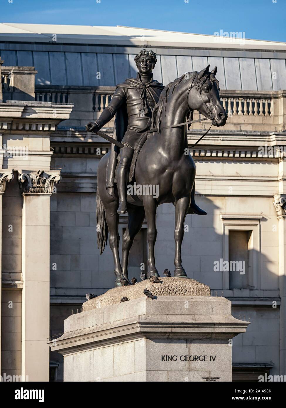 LONDON, UK - SEPTEMBER 29, 2019:  Equestrian Statue of King George IV (by Sir Francis Legatt Chantrey) in Trafalgar Square Stock Photo