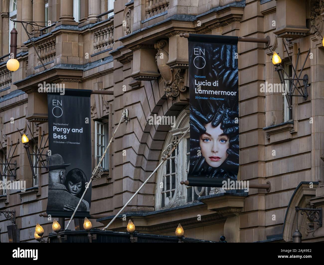LONDON, UK - SEPTEMBER 29, 2019:   Banner signs outside the London Colisuem Theatre advertising performances of the English National Opera (ENO) Stock Photo