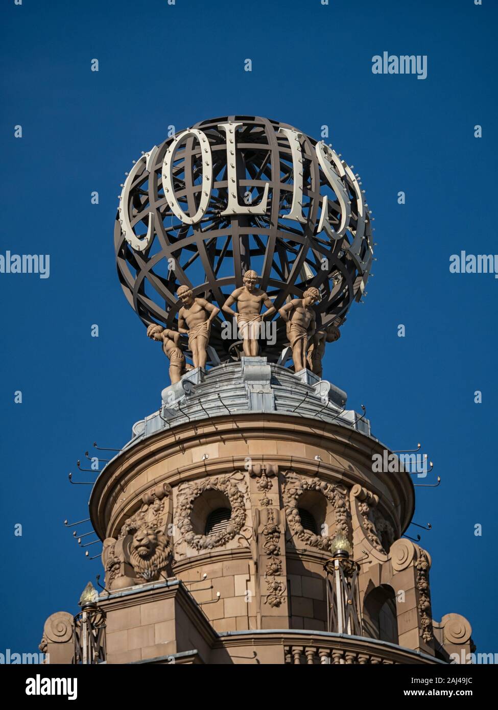 LONDON, UK - SEPTEMBER 29, 2019:   Close-Up of the tower close up of the London Coliseum theatre in St Martin's Lane - home of the English National Op Stock Photo