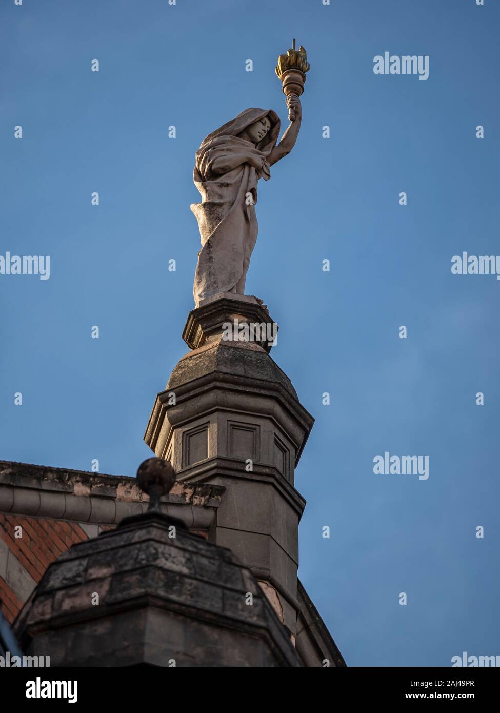 LONDON, UK - SEPTEMBER 29, 2019:   Summit statue figure on top of the Palace Theatre in Cambridge Circus, Shaftesbury Avenue. Stock Photo