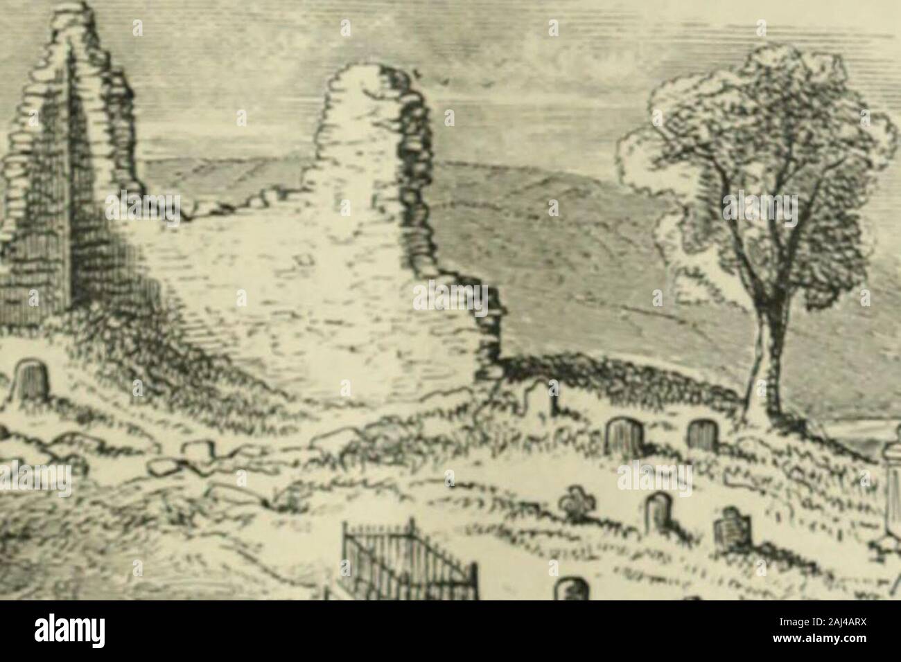 Lives of the Irish saints : with special festivals, and the commemorations of holy persons, compiled from calendars, martyrologies and various sources, relating to the ancient Church history of Ireland . 4^«^*.r-. Ruins of Agivy Church, Co. Londonderry. Those niins belonging to the old church at Agivy measure 74 feet inlength by 28 in width. About the year 1830, there was a square towerincluded in the length : it was 40 feet in height. People in the neighbour- ?Sec Colgans Acta Sanctorum Hiber-nia-, xxxi. Januarii. Vita S. Maidoci. Ap-pendix, cap. iv., p 223. See l&gt;r. Kccves edition of Arch Stock Photo