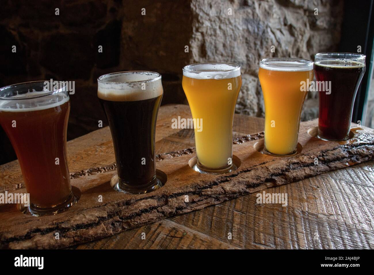 December 21, 2019 Beloeil, Québec, Canada Wooden rustic Beer flight