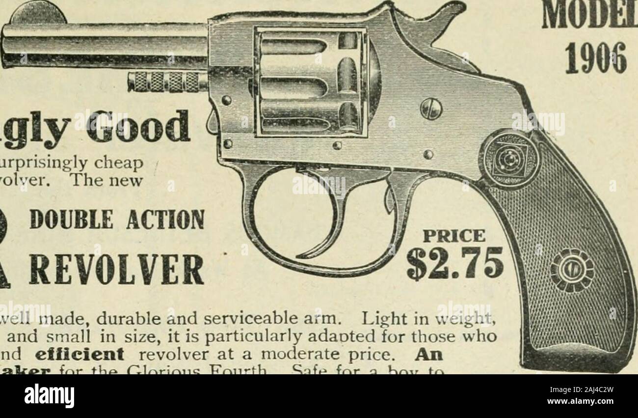 Rod and gun . MODEL 1906. DOUBLE ACTION REVOLVER is a thoroughly well made, durable and serviceable arm. Light in weight,only ten ounces, and small in size, it is particularly adaoted for those whodesire a safe and efficient revolver at a moderate price. Anideal noise-maker for the Glorious Fourth. Safe for a boy tohandle and has none of the disadvantages of the dangerous toy pistol. 22 Caliber, Seven Shot, Rim Fire, Double a« mmSpecifications Action; 2}4^^ barrel, finest nickel finish, vu.l9 Also made with 4}^^^ and (/^ barrel. The celebrated H & R Hammerless Revolver $6^0 For Sale by all dea Stock Photo