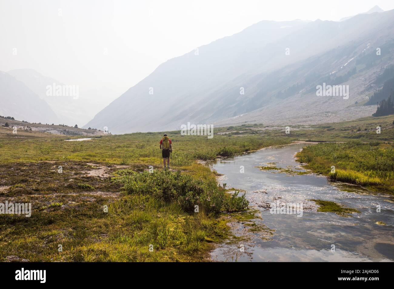 Rear view of hiker walking next to stream. Stock Photo