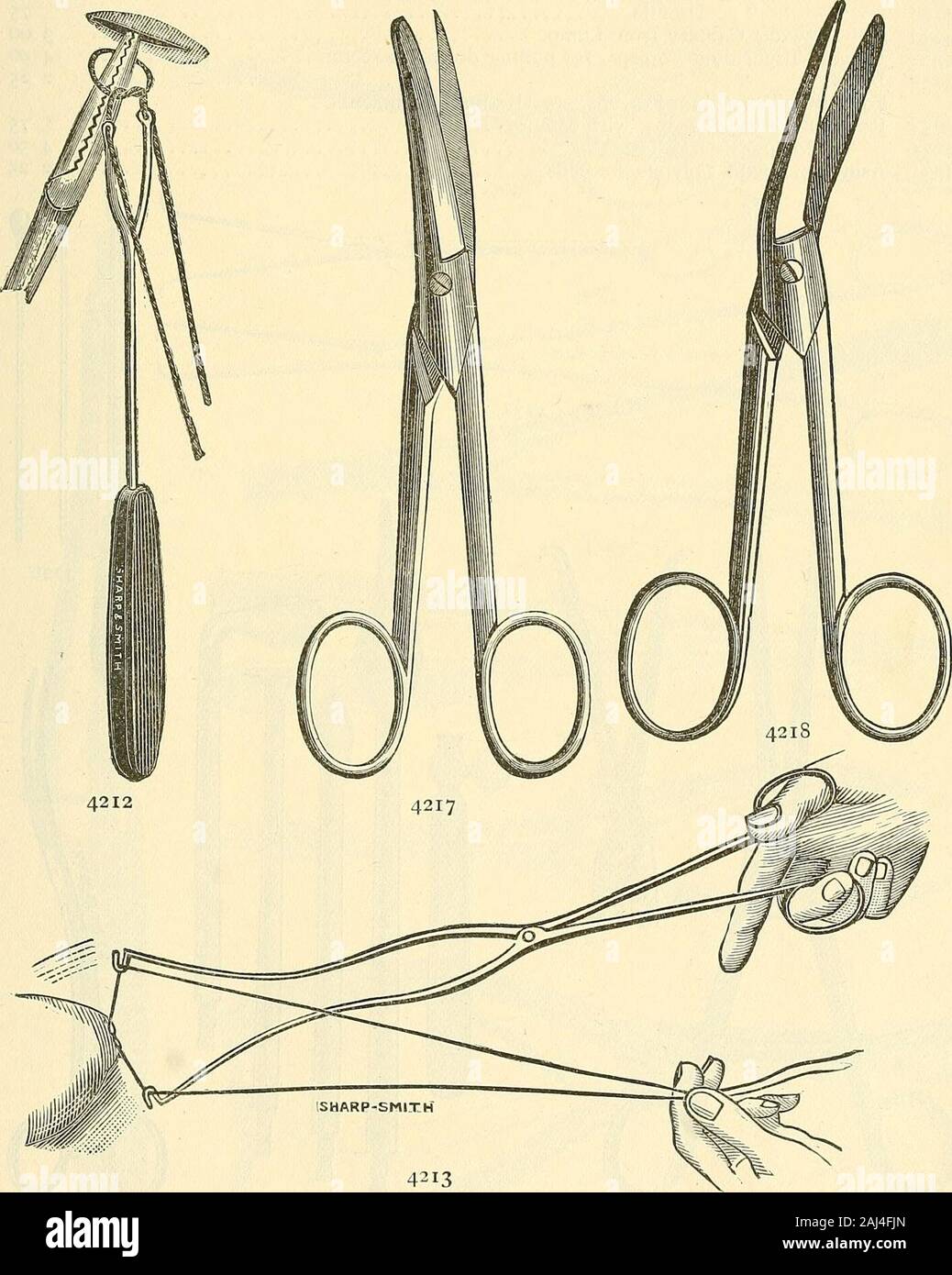 Catalogue of Sharp & Smith : importers, manufacturers, wholesale and retail dealers in surgical instruments, deformity apparatus, artificial limbs, artificial eyes, elastic stockings, trusses, crutches, supporters, galvanic and faradic batteries, etc., surgeons' appliances of every description . 4208Instruments designated by a * are illustrated. SHARP & SMITH, CHICAGO. QSl RECTAL INSTRUMENTS. FIG. *42i2 Dr. Chas. D. Scudders Knot Tyer $ i 50 *42I3 Carrolls Knot Tyer. i 85 4214 Allingharas Scissors 3 75 421=; Saw Tooth 4 50 4216 Bushs Pile I 15 *42i7 Angular $1 00 to 2 50 *42i8 Curved on flat i Stock Photo