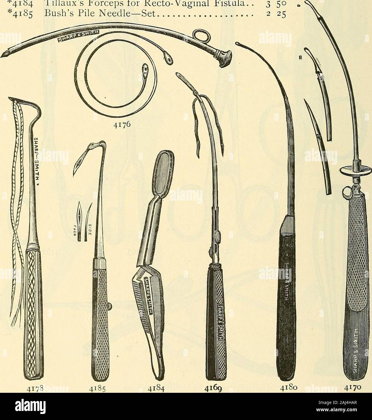 Catalogue of Sharp & Smith : importers, manufacturers, wholesale and retail dealers in surgical instruments, deformity apparatus, artificial limbs, artificial eyes, elastic stockings, trusses, crutches, supporters, galvanic and faradic batteries, etc., surgeons' appliances of every description . 4165 684 SHARP & SMITH, CHICAGO. *4i69 *4i7o 4171 4172 41734174 4175*4i76 4177*4i78 4179 *4i8o 4181 4182 4183*4i84*4i85 RECTAL INSTRUMENTS. Halls Elastic Ligature Carrier $ 3 50 Allinghams Elastic Ligature Carrier 2 60 Bushs Ligature Carrier 2 40 Lentes i 00 Plain „ I 00 Ostrums 4 00 Helmuths 2 75 Gibs Stock Photo