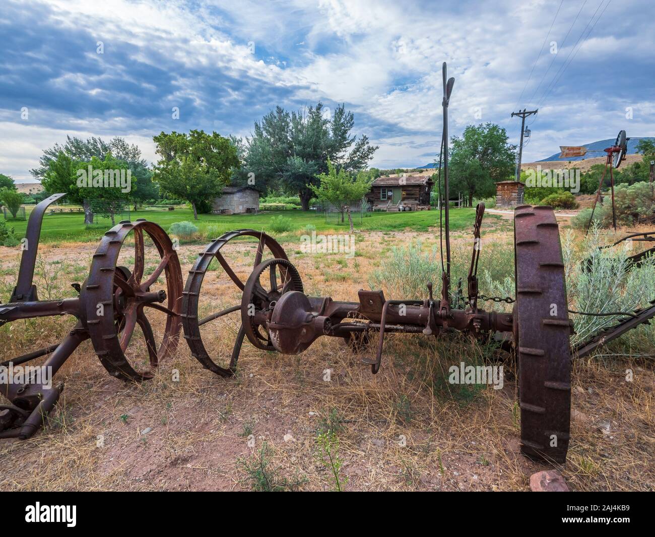 Farm equipment, John Jarvie Historic Property, Browns Park, Utah Stock