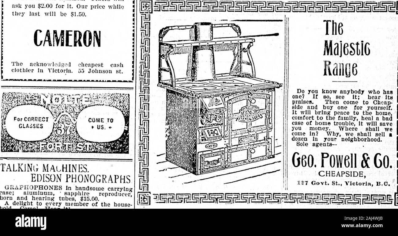 Daily Colonist (1898-10-30) . 43 GOVSBNMVNT STBBET.. TALKlNi; MAlHINBS. EDISON PHONOGRAPHS GRAPHOPHONES In handsome carryingcase; aluminum, ? sapphire reproducerhorn and hearing tnbcs, $15.00. A delight to every member of the house-hold. Cornel Hear Itl   F, W. NOLTH, Agent, 37 Fort Htreet. I WHAT IS THERE NICER I S FOR AN AMUSEA^ENT S I DURING THE LONG | I WINTER EVENINGS | S THAN A 5 They ninkc one feel ns though life wasworth living. Take one oC Carters LittleLiver Pills after eating; IC will relievedvspeiisbi, aid digestion, give toue andvigor to the system. THE PASSION PLAY. There are num Stock Photo