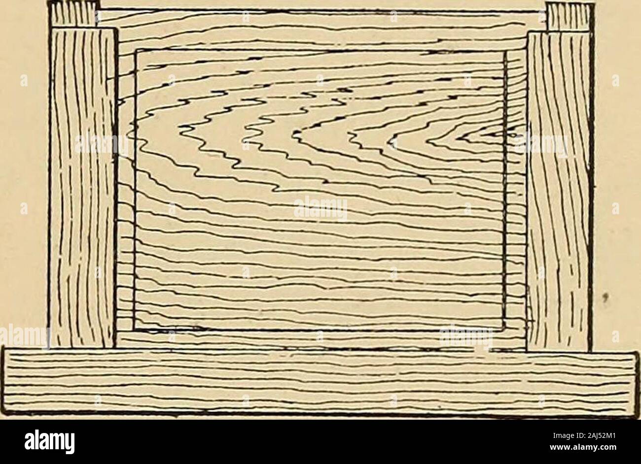 Woodworking for beginners; a manual for amateurs . Fig. 508. Fig. 509. the tenons of one end of the rails and the grooves or mortises ofthe corresponding stile (see Gluing)^ taking care not to put anyglue where it may cause the panel to stick, and fit these partsinto place (Fig. 509). Drive the rails home.Then glue and fit the other side of the framein the same way (Fig, 510)—all being done asquickly as pos-sible. Finallyclamp the framesecurely (seeClamps). Thet o n gu e d andgrooved joi n trepresented in the accompanying illustrations is not as good as a mortise andtenon, as already stated, b Stock Photo
