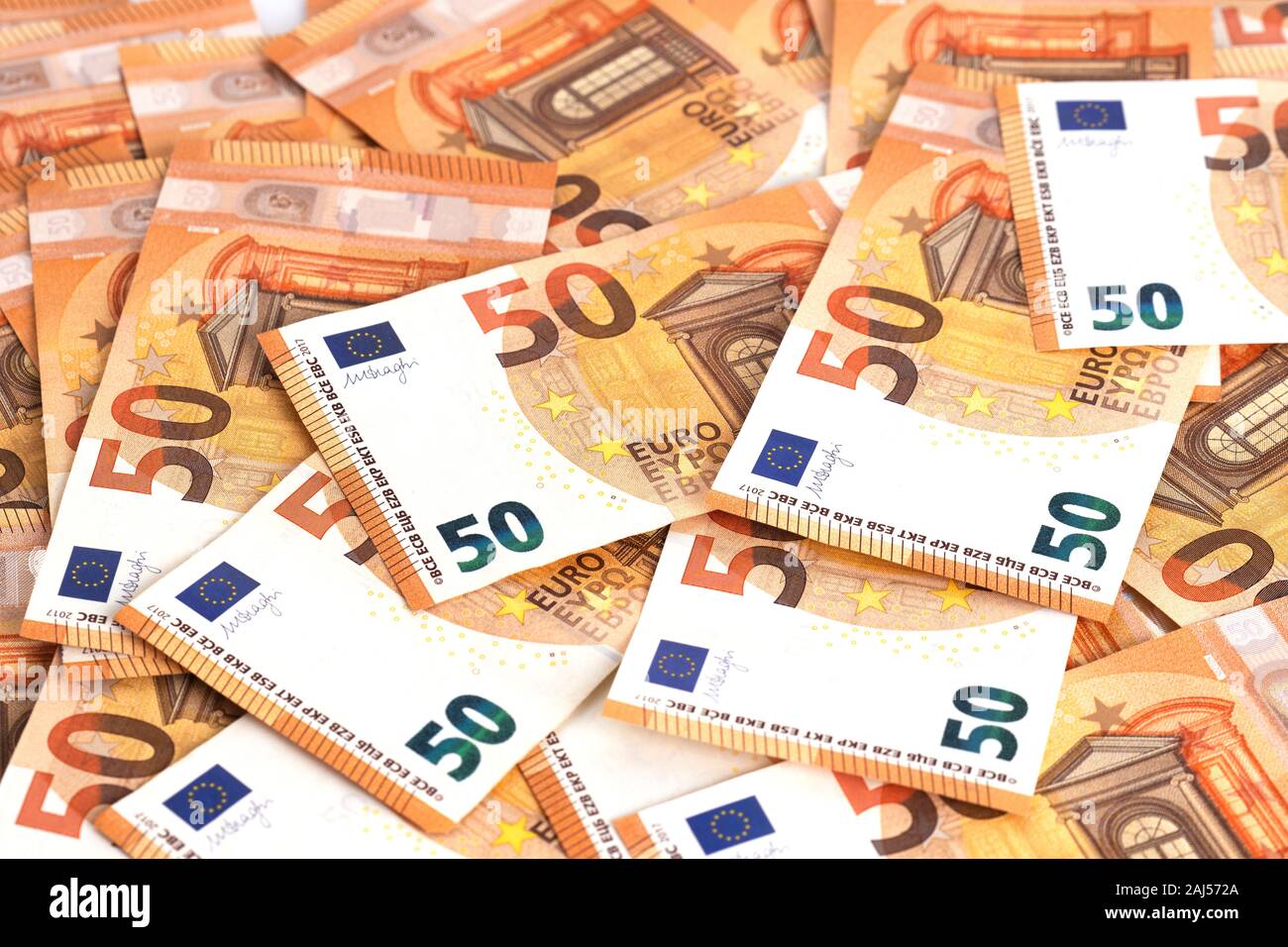 Money background euro cash banknotes 50 euro notes. Business finance cash concept. Flat lay, copy space, from above, top view, horizontal. Stock Photo