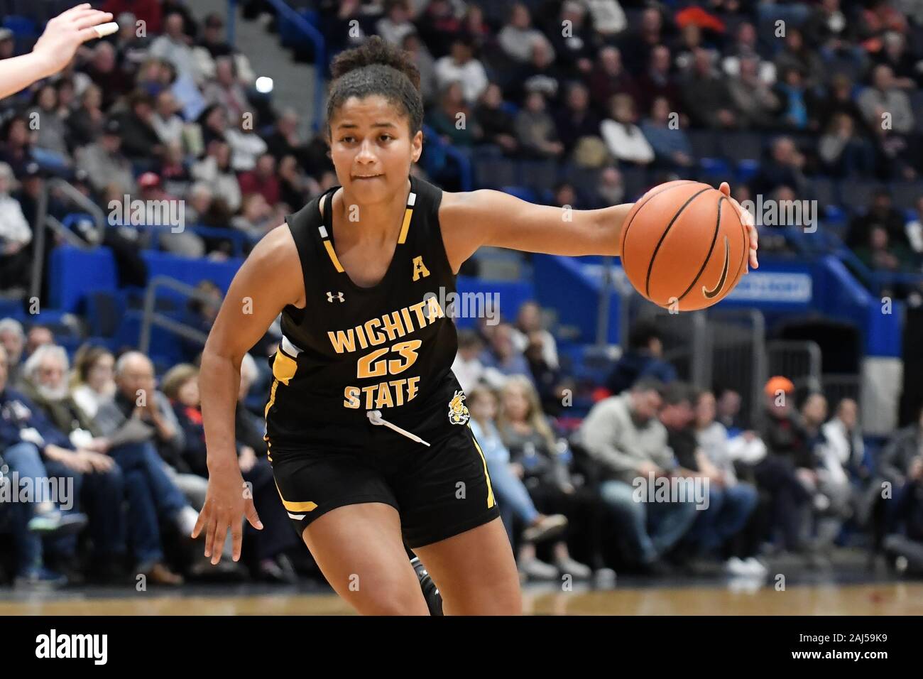 Hartford, CT, USA. 2nd Jan, 2020. Seraphine Bastin (23) of the Wichita  State Shockers drives to the basket during a game against the Uconn Huskies  at the XL Center on January 2,