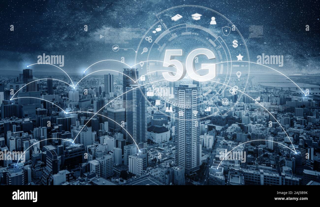 Futuristic city with 5G internet and application icons, Smart city ...