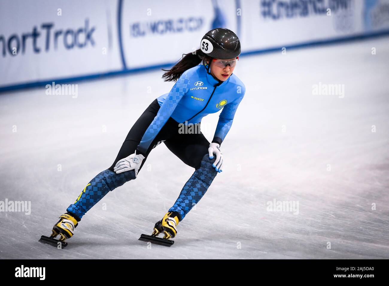 Dresden, Germany, February 03, 2019: Iong A Kim of Kazakhstan competes during the ISU Short Track Speed Skating World Cup in Dresden, Germany. Stock Photo