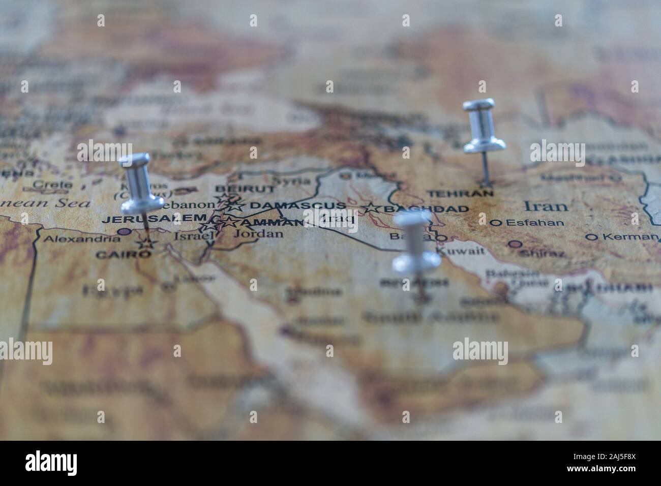 world map with map pins in some capital cities Stock Photo