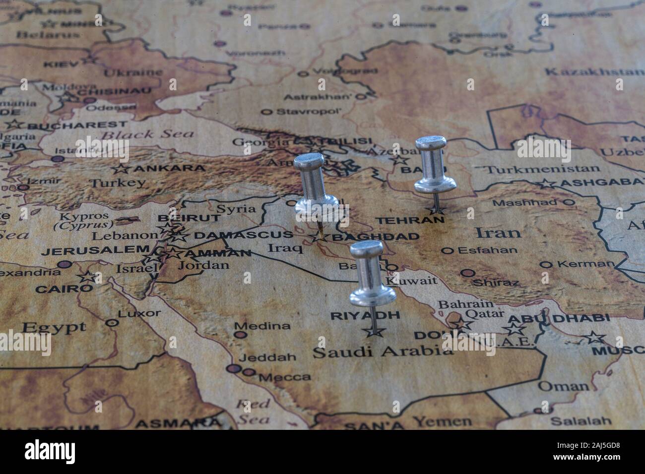 world map with map pins in some capital cities Stock Photo