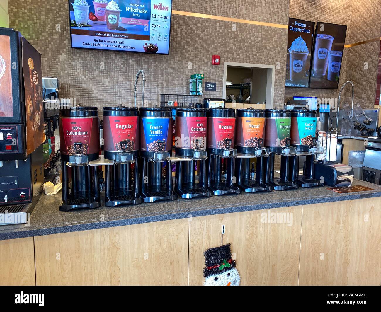 Orlando,FL/USA-12/25/19: A selection of coffee at a Wawa restaurant and gas station waiting for a customer to purchase a cup of coffee.. Stock Photo