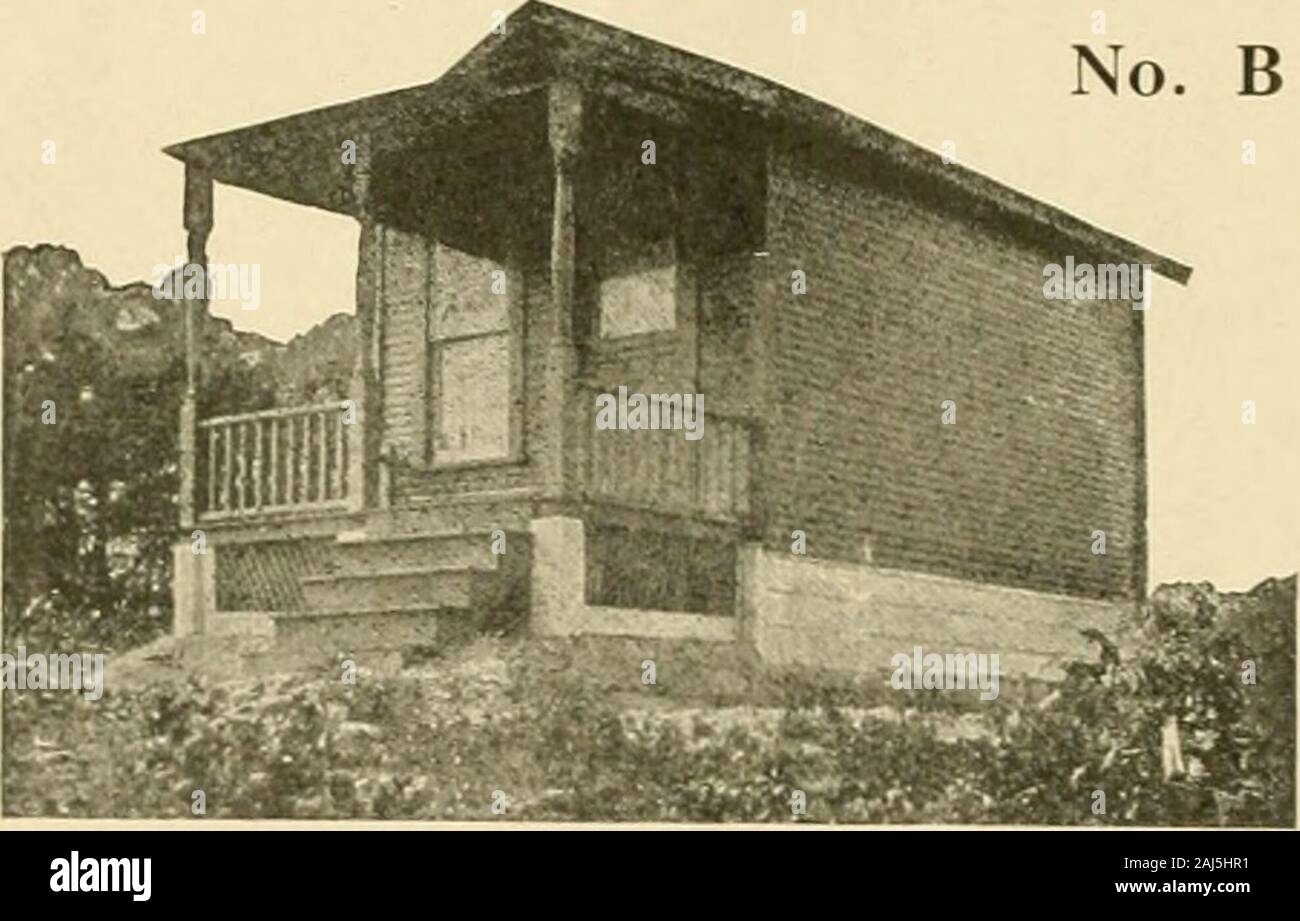 Robinson’s money-saving mill-made cut-to-fit houses . Two-Room Dwelling House No. A The No. A. is a cosy, attractive little house of two rooms, with big porch runningfull length of house. It is built just like our most expensive houses only smaller.Its construction throughout is identical to our larger sizes. It has glass in frontdoor, divided light window in end, and handsome turned columns on porch. Size20 x 16 ft. has two 10 x 10 ft. rooms. Size 20 x 18 ft. has two 10 x 12 ft. rooms. PRICE: 16x16 $228.00 Nothing Down $1.25 per Week 20 x 16 $341.00 Nothing Down 51.75 per Week 20x18 $401.00 N Stock Photo