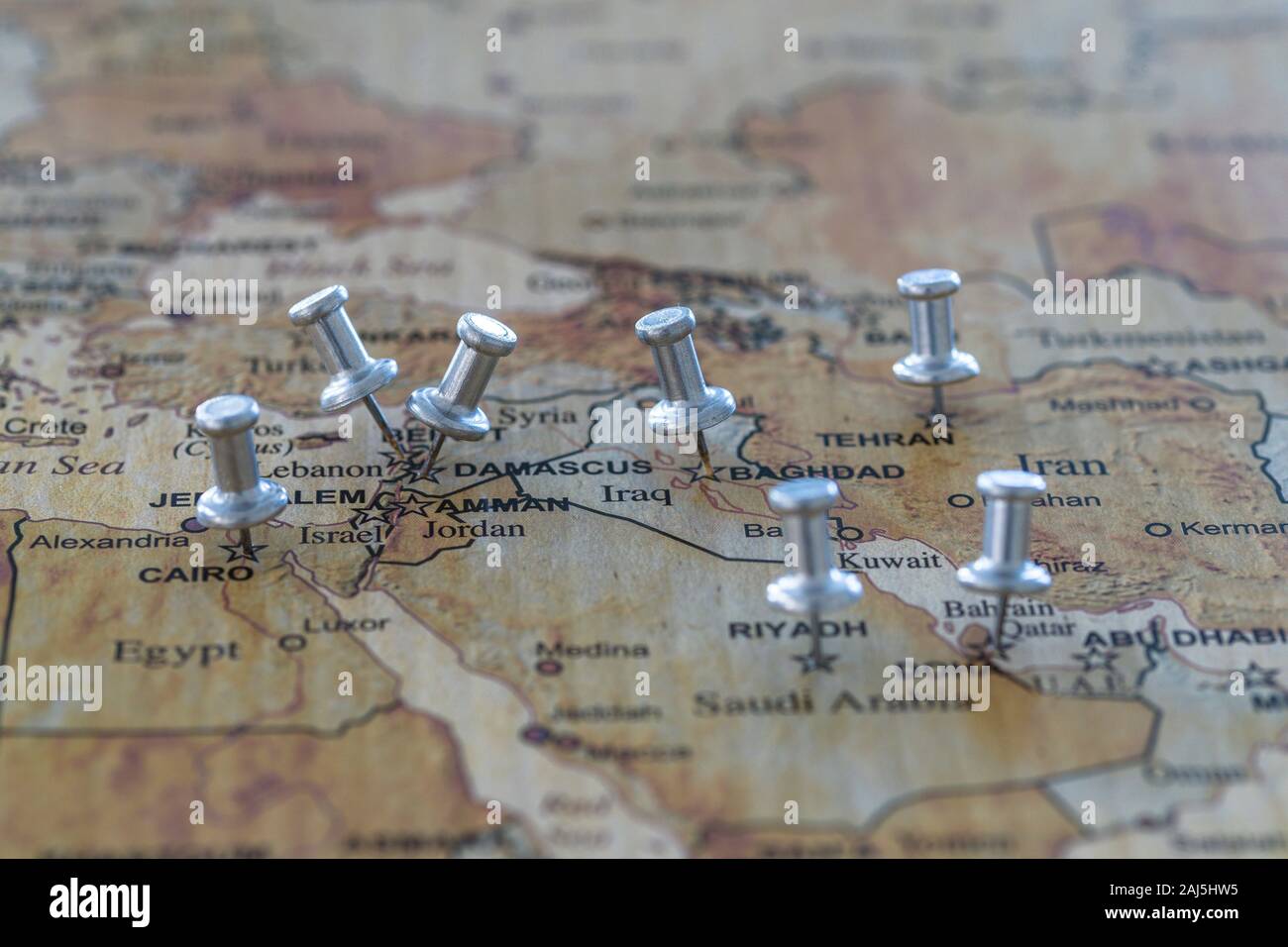 world map with map pins in some capital cities Stock Photo