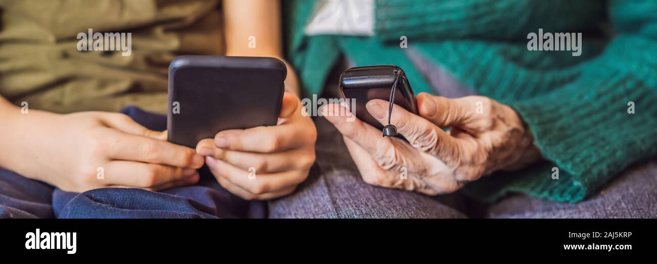 Old Woman Uses An Old Phone Boy Uses A Smartphone Banner Long