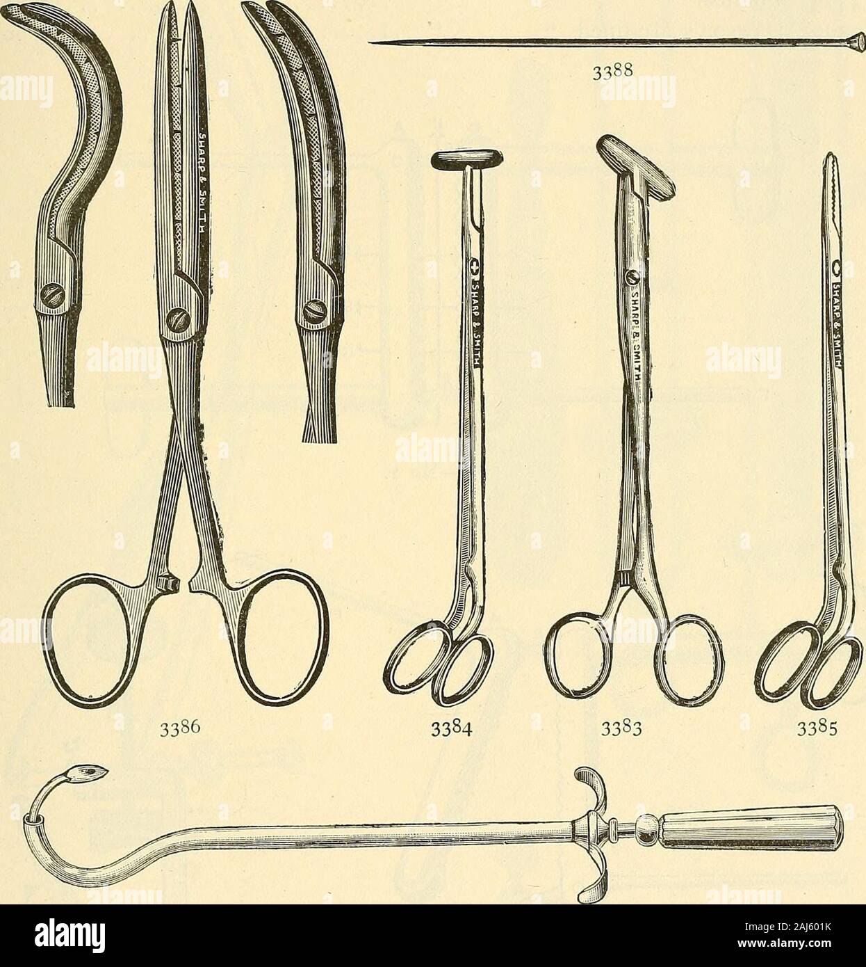 Catalogue of Sharp & Smith : importers, manufacturers, wholesale and retail dealers in surgical instruments, deformity apparatus, artificial limbs, artificial eyes, elastic stockings, trusses, crutches, supporters, galvanic and faradic batteries, etc., surgeons' appliances of every description . 3377 3376 3379 Instruments designated by a * are illustrated, 3381 SHARP & SMITH, CHICAGO. 589 GYNAECOLOGICAL—OVARIOTOMY. FIG. *3387 Dudleys Ovariotomy Pins each. $ 75 *3388 Pecks 60 *3389 Wilcoxs 50 3390 Kelloggs Silver per doz. 2 00 3391 Gold 300 *3392 Hunters Pedicle Needle 7 50. 3392 3389 Stock Photo