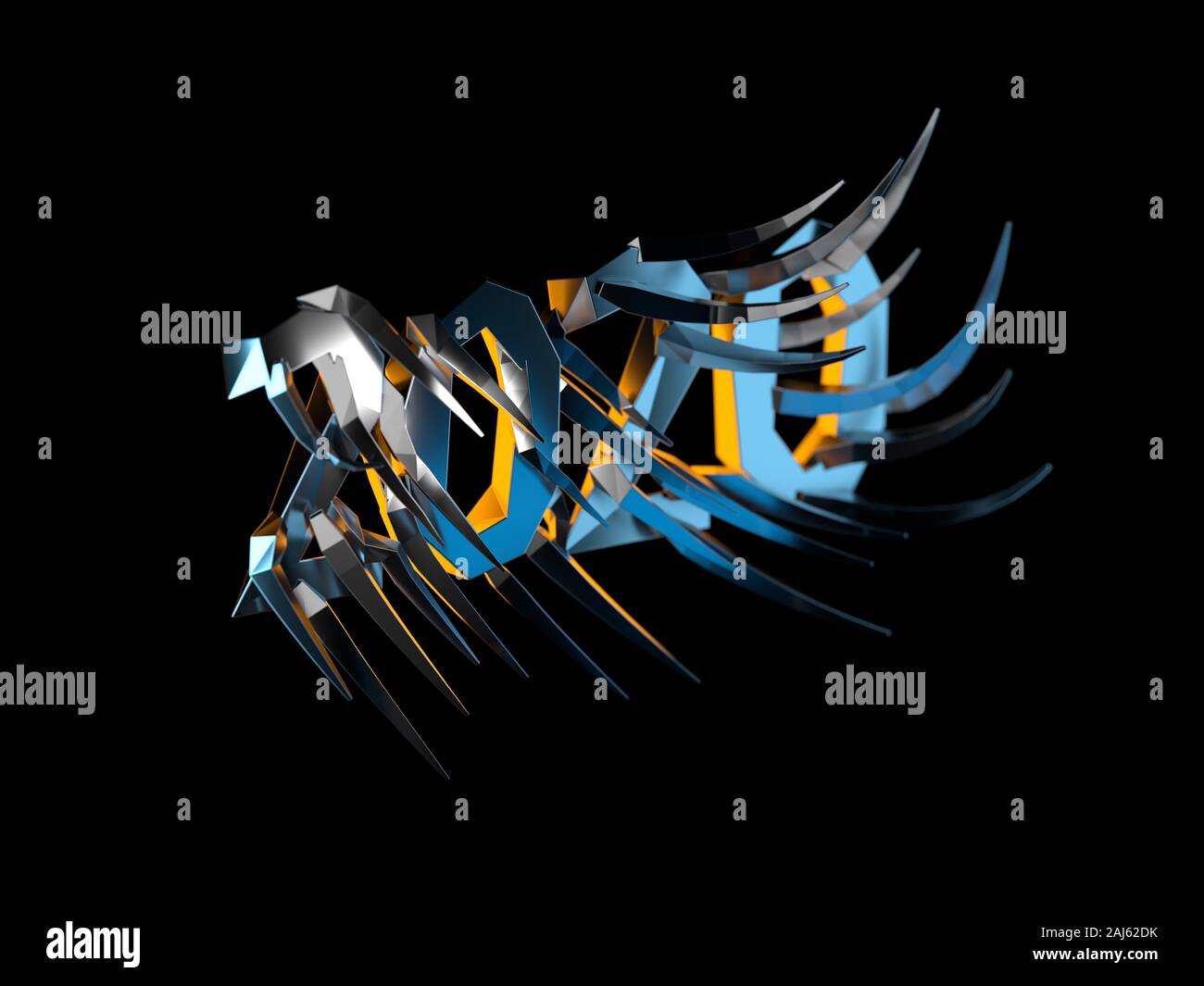 Happiness for the New Year 2020 lettering made by metal cast and lit by blue and orange light. The surface is covered with sharp spikes Isolated on bl Stock Photo