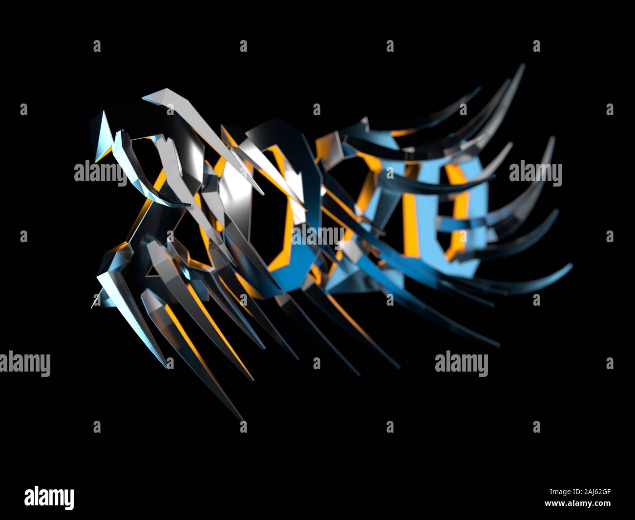 Happiness for the New Year 2020 lettering made by metal cast and lit by blue and orange light. The surface is covered with sharp spikes Isolated on bl Stock Photo