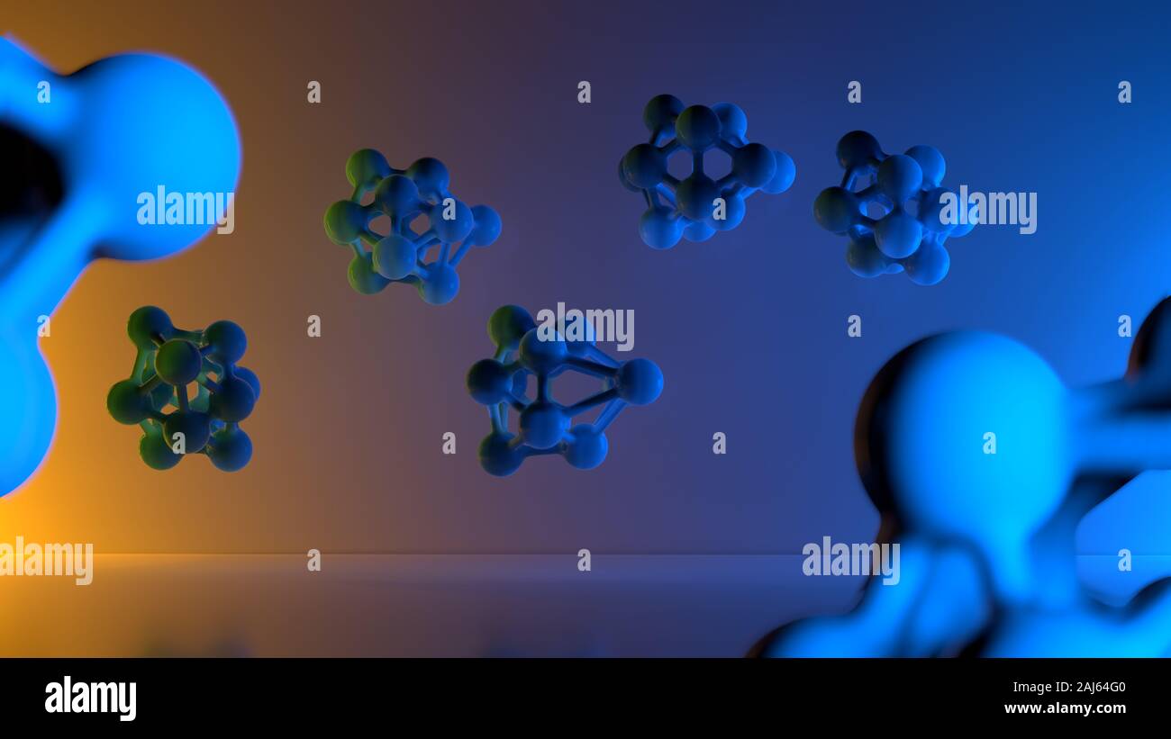 molecule colorful illustration over orange and blue lit background. 3d