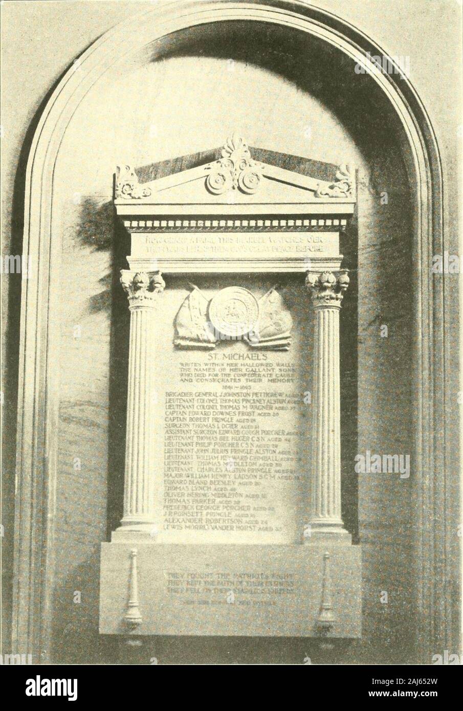 Inscriptions on the tablets and gravestones in St Michael's church and churchyard, Charleston, S.C., to which is added from the church records a list of interments of persons to whom there are no stones . consecrates their memory 1861-1865. Brigadier General J. Johnston Pettigrew aged 35 Lieutenant Colonel Thomas Pinckney Alston aged 32 Lieutenant Colonel 1 homas M. Wagner aged 37 Captain Edward Downes Frost aged 30 Captain Robert Pringle aged 26 Surgeon Thomas L. Ogier aged 31 Assistant Surgeon Edward Gough Porcher aged 26 Lieutenant Thomas B. Huger C. S. N. aged 42 Lieutenant Philip Porcher Stock Photo