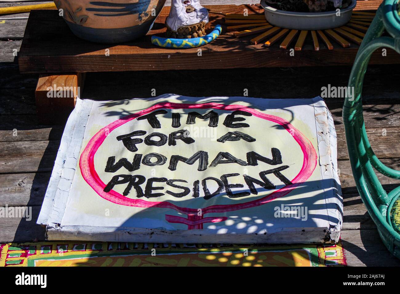 Placard supporting Hillary Clinton in 2016 presidential election on a houseboat deck in Napa St. Galilee Harbor liveaboard community of Sausalito, USA Stock Photo