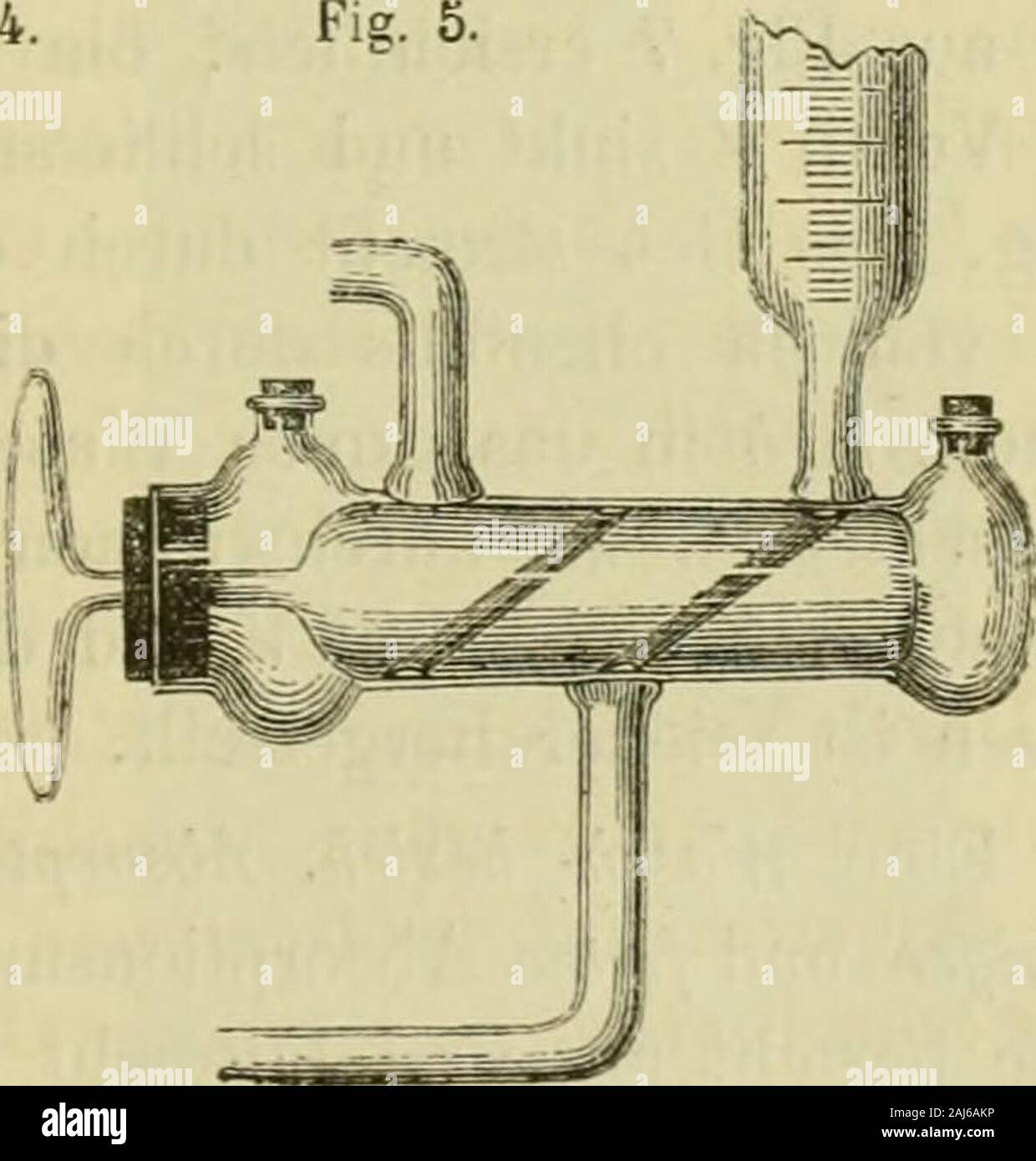 Dingler's polytechnisches Journal . einfachen Verbindungshahn, Fig. 2einen ebensolchen mit Quecksilber-dichtung, Fig. 3 einen Zweiwege-hahn, Fig. 4 bezieh. 5 stellen eineGasbürette bezieh, den unteren Theil einer Hempelschen Gasbürette mit einem solchen Zweiwegehahn und Quecksilberdichtung dar. Dinglers polyt. Journal Bd. 263 Nr. 10. 1887,1. 32 482 Neuere Apparate und Verfahren für chemische Laboratorien. Neue Wasch- bezieh. Absorptionsflaschen. Die neue doppelt wirkendeWaschflasche (Fig. 6 und 7) unterscheidet sich von ähnlich angeordneten(vgl. Allihn 1884 254*118) dadurch, dafs die in dem in Stock Photo