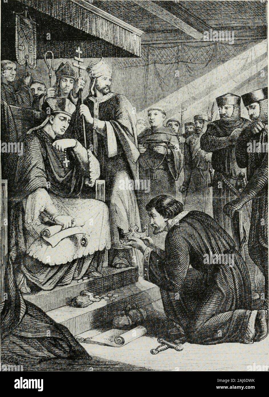 History of the Pilgrims and Puritans, their ancestry and descendants; basis of Americanization . KING JOHN SIGNING THE MAGNA CHARTA. Only a pen scrawl above the seal of the king made theprovisions of the Charta law, but the text on the parchmentpurports to settle the rights of Englishmen to breathe andhave being and to give a square deal for 800 years. Royalarrogance, the dogma of the Divine Right of Kings, in-surrection, feuds, and persecutions swung the law oflf baseinnumerable times. Centuries of legal thought have never coined a strongerfreedom-edict than that one thrust into the very cent Stock Photo