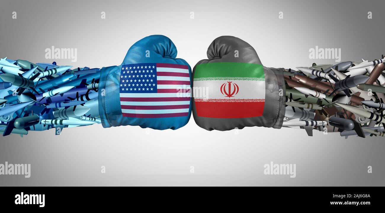 Iran United States military confrontation or USA Iranian proxy war conflict with two opposing governments in a dispute as a fight concept. Stock Photo