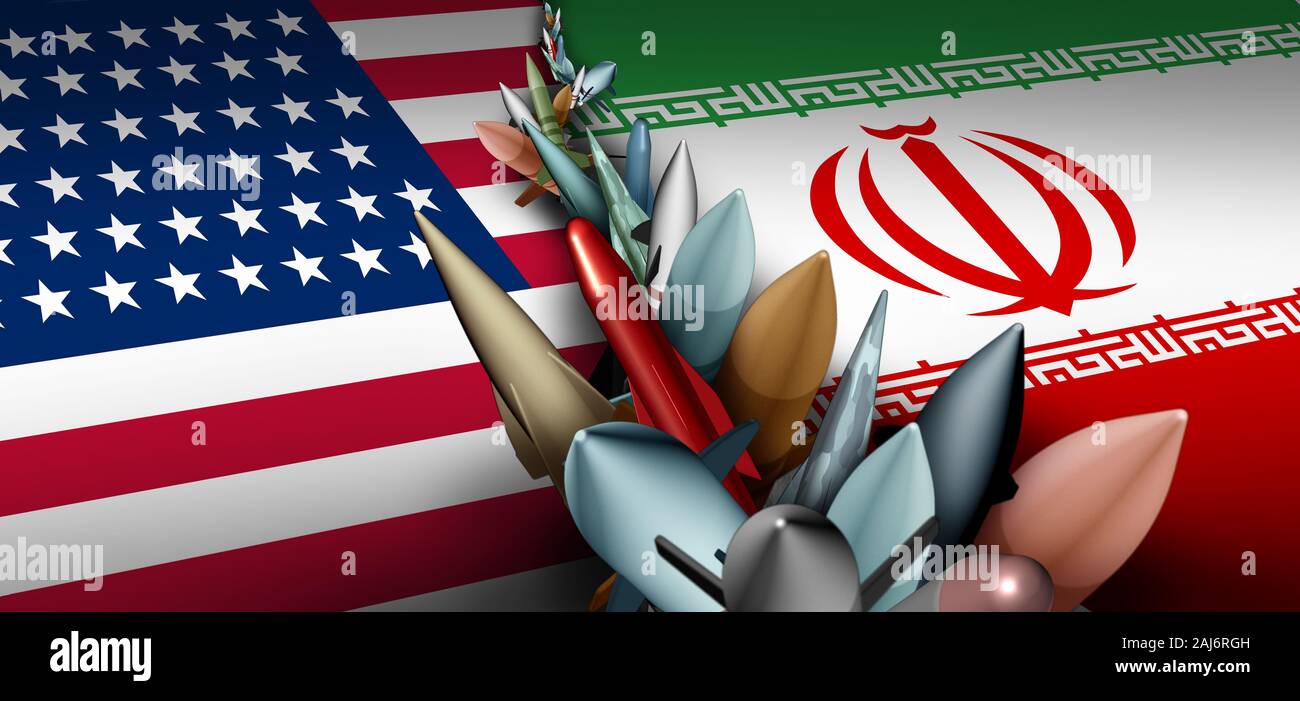 Iran US military crisis and armed confrontation or USA Iranian proxy war conflict with two opposing governments in a dispute as a persian gulf. Stock Photo