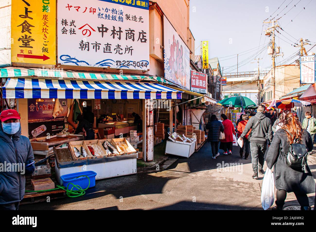 DEC 2, 2018 Hakodate, Japan Japanese seafood shops with sellers and