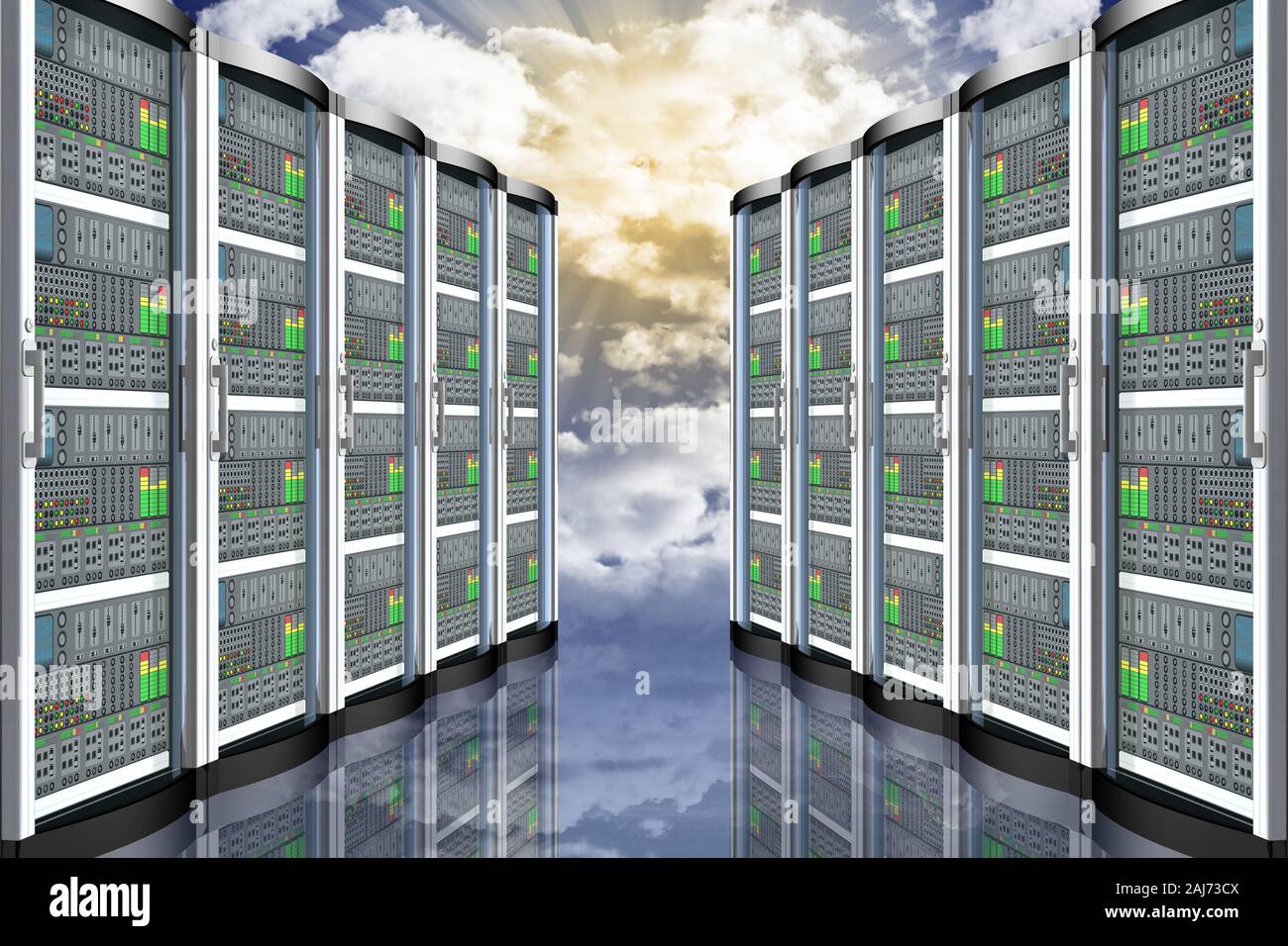 3D illustration. Server computer data. Connection and storing computer ...