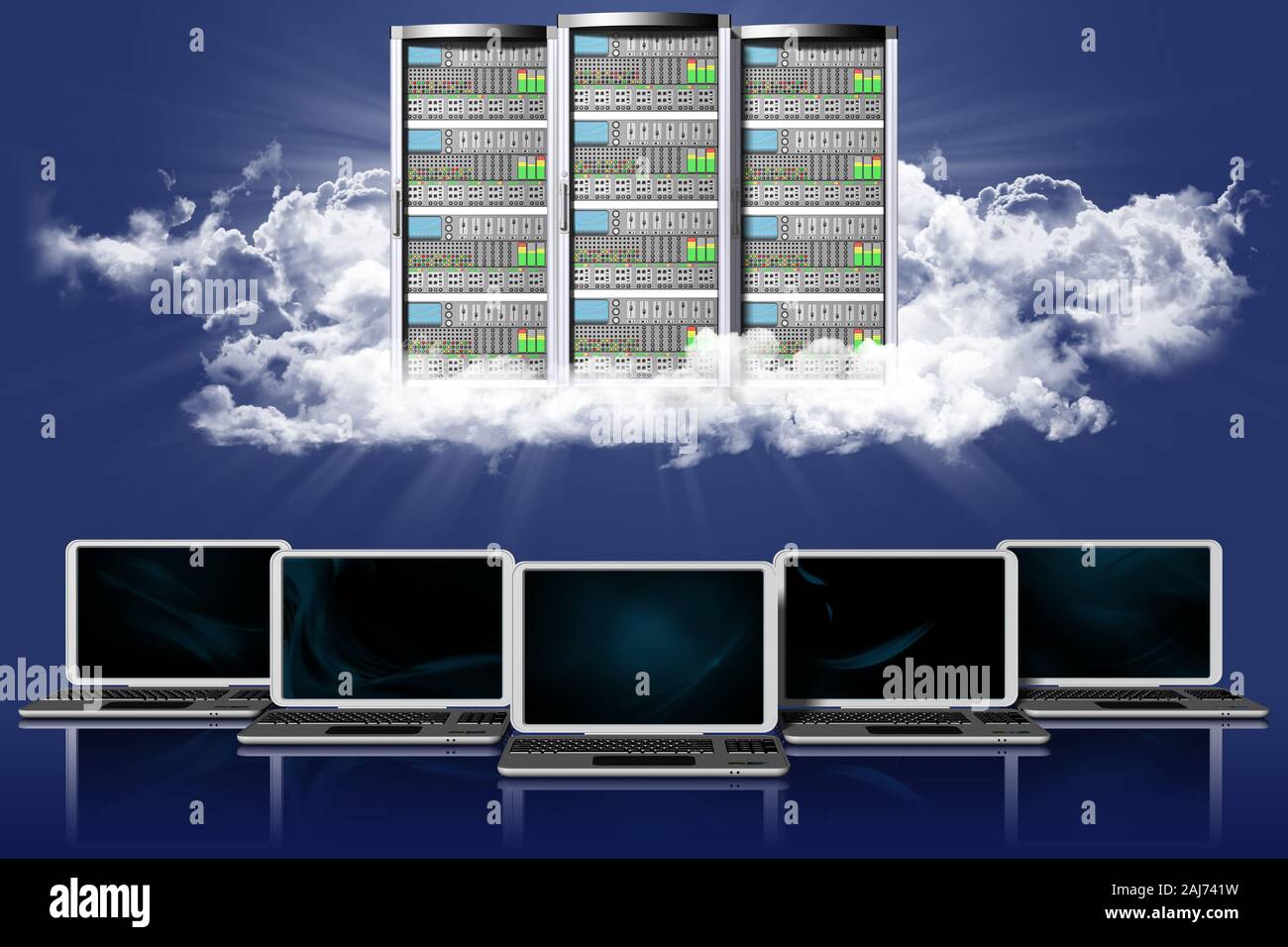 3D illustration. Server computer data. Connection and storing computer ...