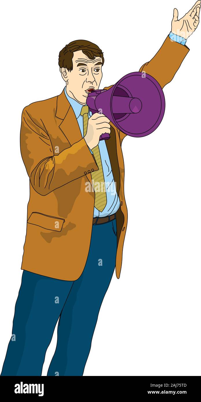 Mature man in suit and tie talking through a megaphone purple with left arm raised on white background. Vector image Stock Vector