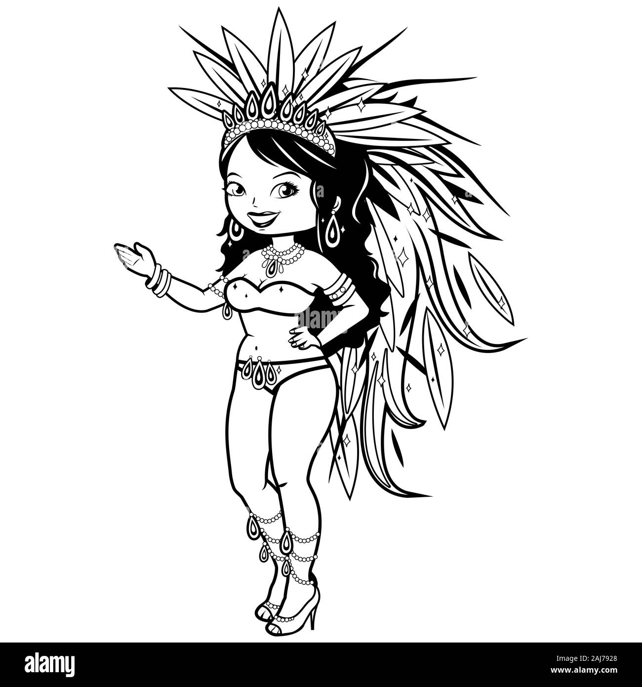 A beautiful carnival dancer wearing a costume with feathers. Black and white coloring page Stock Photo