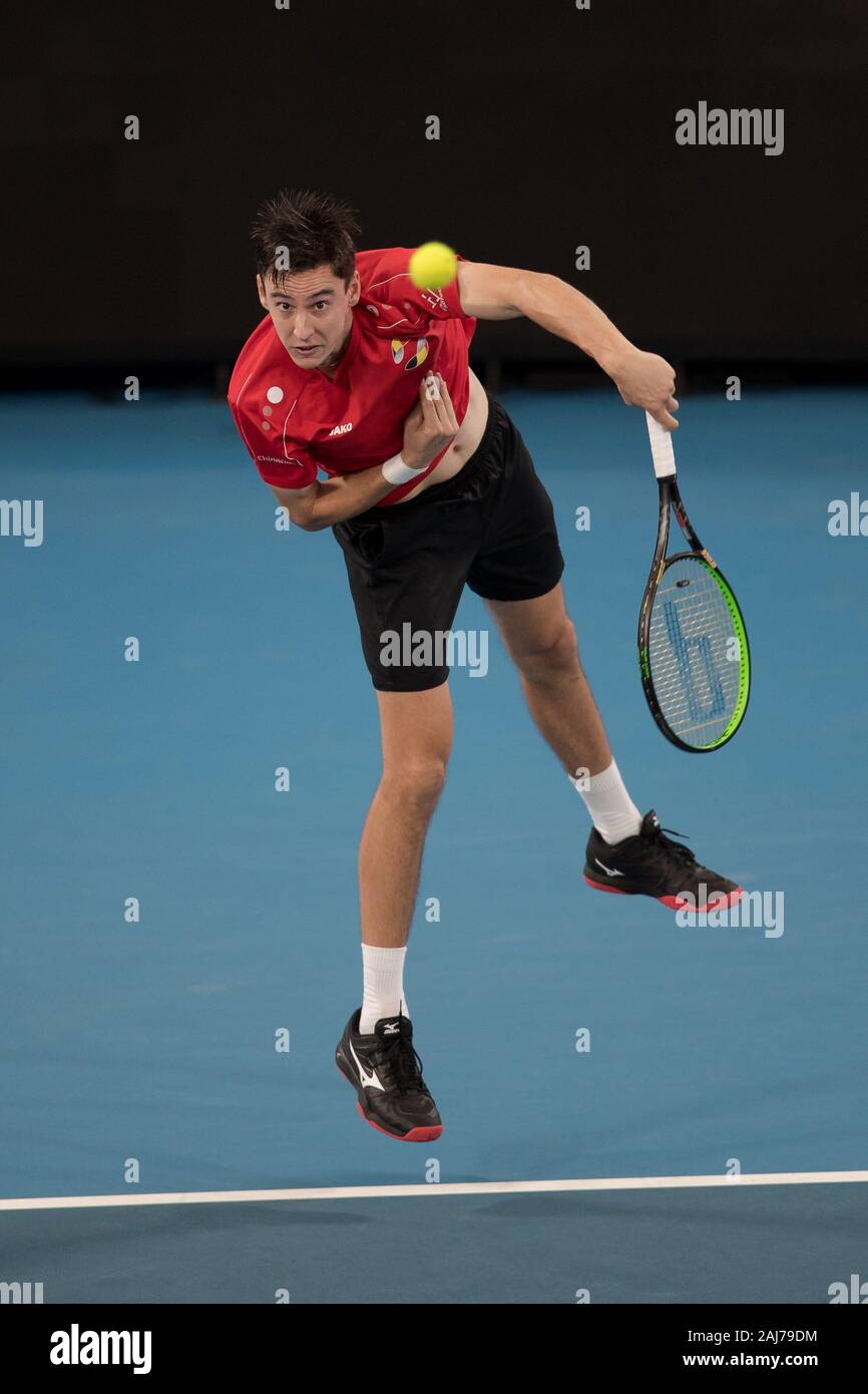 Sydney, Australia. 03rd Jan, 2020. Joran Vliegen of Belgium serves during  the 2020 ATP Cup, Ken Rosewall Arena, Sydney, Australia on 3 January 2020.  Photo by Peter Dovgan. Credit: UK Sports Pics