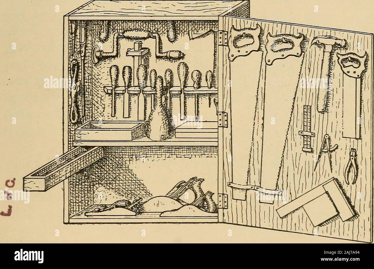 Woodworking for beginners; a manual for amateurs . Fig. 139. of narrow ones, or use the simple device described below (Figs. 141 and 142), and shown in Fig. 139. (See Drmuers in Part V.) To fasten the doors you can hook one on the inside and put a button (which you can whittle out) on the outside to hold tlie loo Wood-Working for Beginners Stock Photo