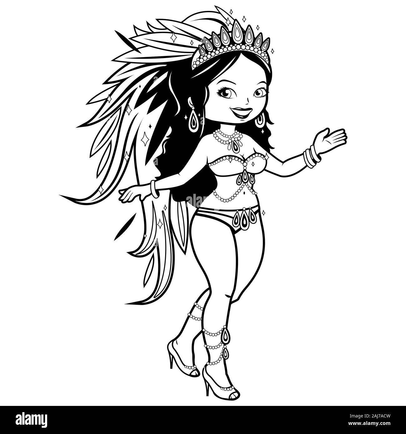 Exotic carnival dancer woman. Black and white coloring page Stock Photo