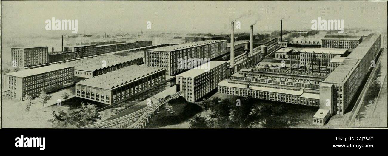 History of American textiles : with kindred and auxiliary industries (illustrated) . ISTORY OF AMERICAN TEXTILES, der to keep abreast of the demand forgreater facilities and operating room. Oneof tfie buildings is 450 feet long by I 34 feetwide, six stories higfi, whicfi gives factoryfloor rooin of 350,000 square feet. Recentconstruction includes a finishing plant, aweave shed and cloth inspection and storagebuilding, as well as a wool storage ware-house. A cotton warp mill is also anotheraddition. In 1920 the authorized capital stock w^asincreased to $14,400,000 by a seventy-five capitalizatl Stock Photo