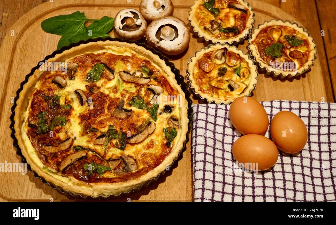 Homemade mushroom, leek and spinach flan Stock Photo Alamy